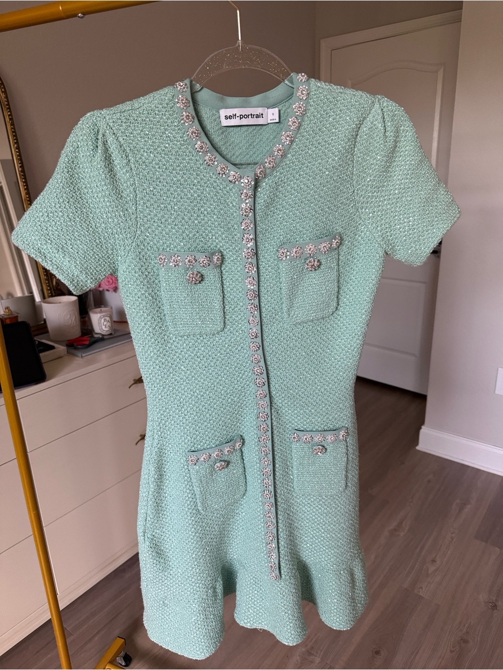 Self-Portrait Mint Green Tweed Short-Sleeve Pocket Dress with Jewel Trim - Picture 3 of 7